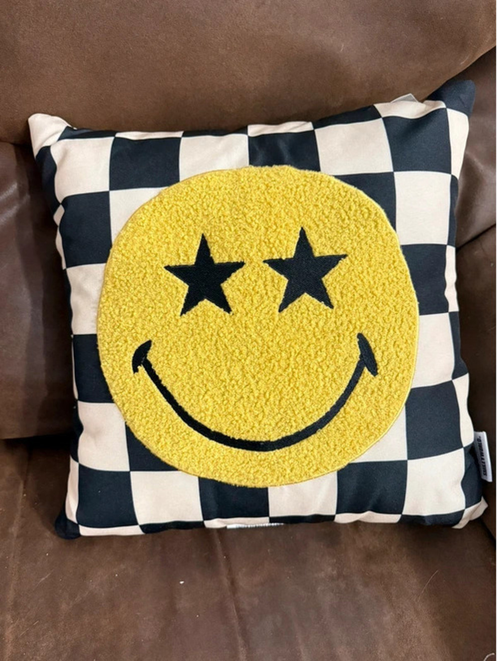 New Smiley Face Checkered Pillow Fuzzy Star Eyes By Yoobi 16” x 16” Room Decor